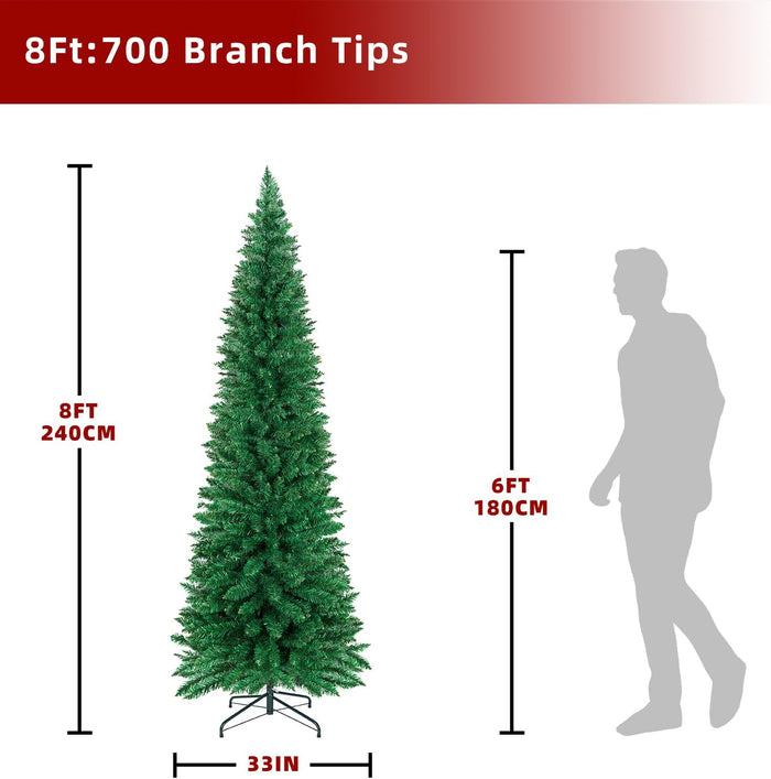 ININ 8FT Slim Pencil Christmas Tree,Artificial Tall Skinny Xmas Tree with 700 Branch Tips,Perfect for Home/Office/Party Decoration, Metal Hinges & Foldable Base.(Unlit)