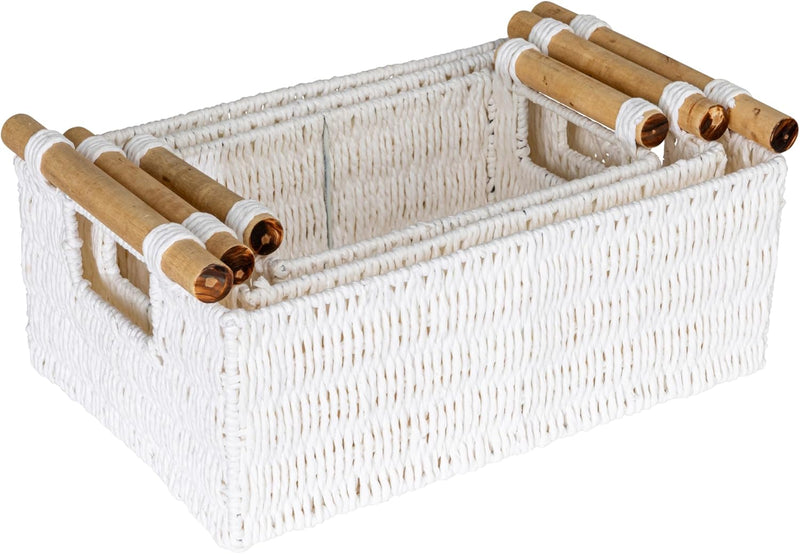 Household Essentials Decorative Woven Baskets Set of 3, Paper Rope with Wood Handles and Metal Frame, Small, Medium and Large, Brown