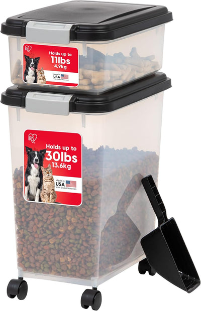 IRIS USA 3-Piece 41 Lbs / 45 Qt WeatherPro Airtight Pet Food Storage Container Combo with Scoop and Treat Box for Dog Cat and Bird Food, Keep Fresh, Translucent Body, Easy Mobility, Black