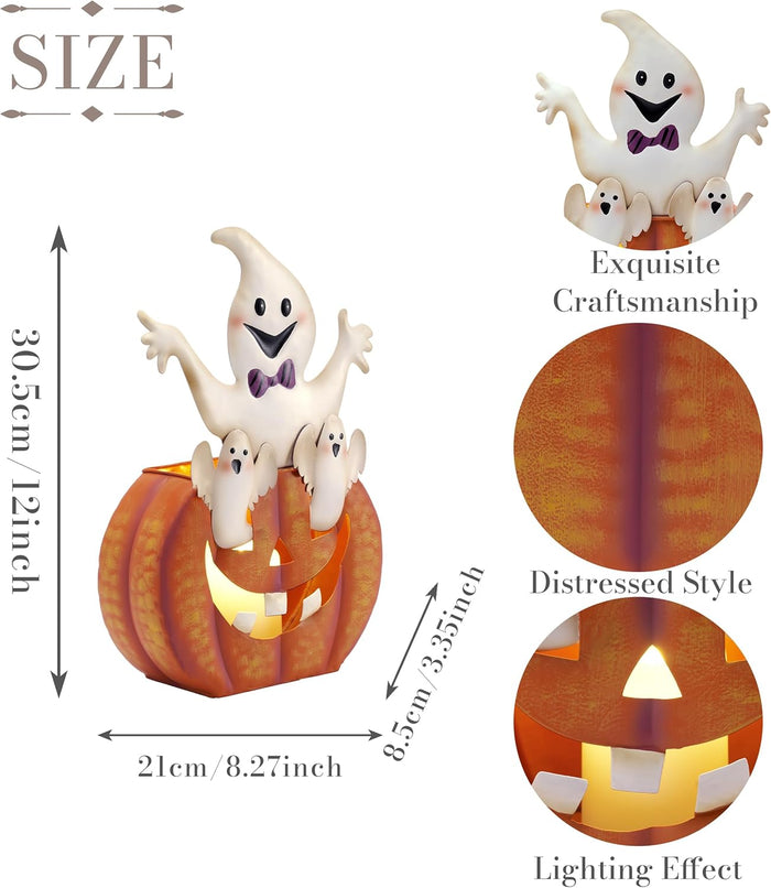 TERESA'S COLLECTIONS Halloween Decorations, Ghost and Pumpkin Halloween Decor, Large Ghost and Orange Jack O Lantern with Light, 12", Metal Outdoor Garden Statue, Indoor/Outdoor