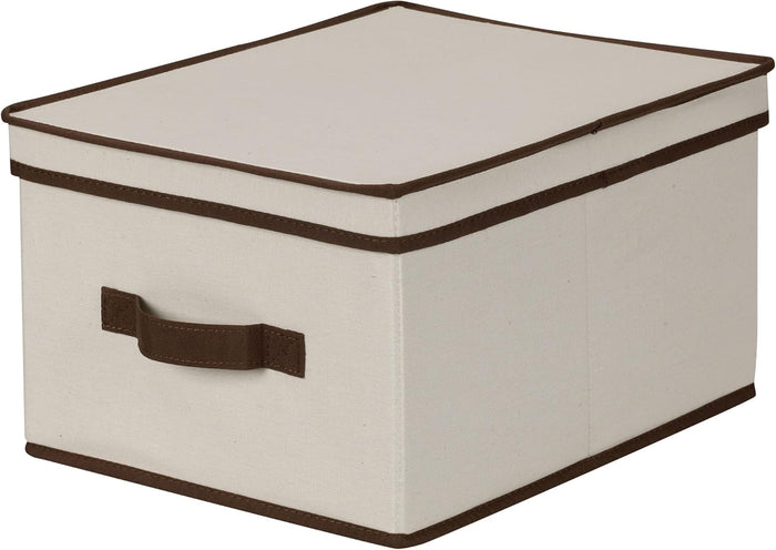 Household Essentials 515 Storage Box with Lid and Handle- Natural Beige Canvas with Brown Trim- Jumbo