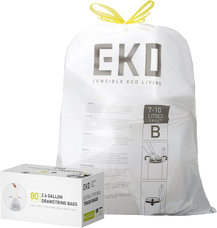 EKO 12.9 Gallon / 45-49 Liter, 110 Count Drawstring Trash Bags, Extra-Strong Unscented Garbage Bags, Easy-Dispense Roll for Kitchen & Household Use, Resists Tears, Leaks and Punctures, Code J, White