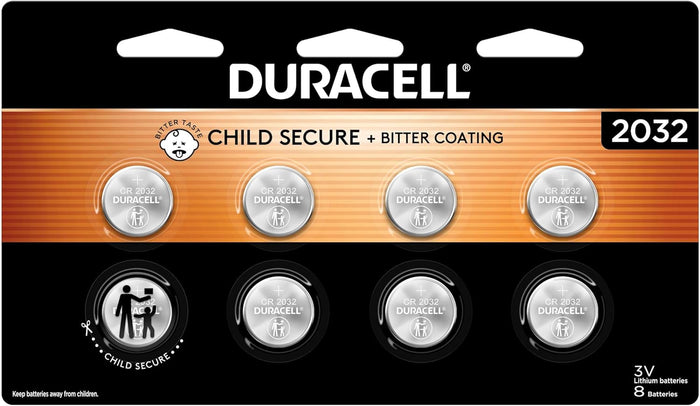 Duracell 2032 Lithium Battery. 8 Count Pack. Child Safety Features. Compatible with Apple AirTag, Key Fob, and other devices. CR2032 Battery Lithium Coin. CR 3V Cell