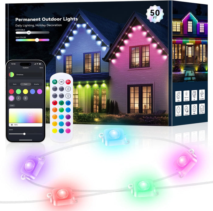 Permanent Outdoor Lights for House -Eaves Lights 50FT with 25 IC+RGBCW LED IP67 Waterproof, Smart Outside LED Christmas Light with App/Remote, Eternity Lighting for Holiday/Daily