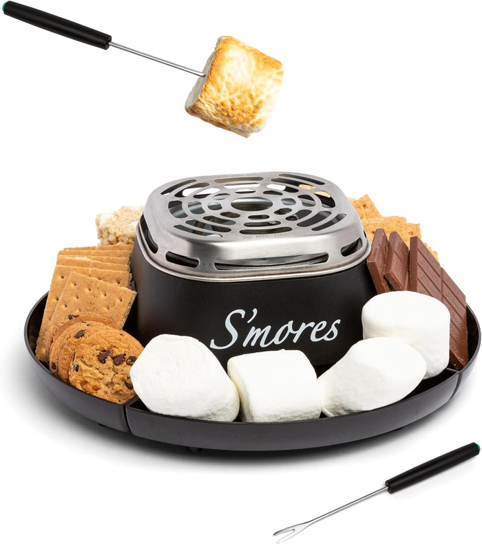 Nostalgia Tabletop Indoor Electric S'mores Maker - Smores Kit With Marshmallow Roasting Sticks and 4 Trays for Graham Crackers, Chocolate, and Marshmallows - Movie Night Supplies - Brown
