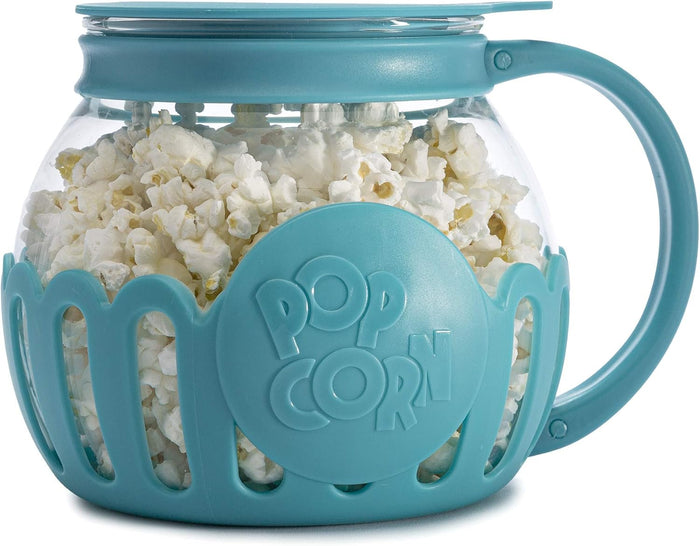 Ecolution Patented Micro-Pop Microwave Popcorn Popper with Temperature Safe Glass, 3-in-1 Lid Measures Kernels and Melts Butter, Made Without BPA, Dishwasher Safe, 3-Quart, Aqua