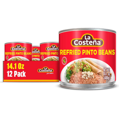 La Costeña Refried Pinto Beans - Ready-to-Eat Canned Refried Beans for Mexican Food, Mexican Rice, Nacho Bean Dip, Bean Burrito, Carne Asada, Fajita & Taco Seasoning - 14.1oz, 12 Pack Canned Food