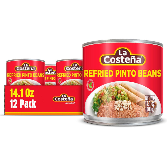 La Costeña Refried Pinto Beans - Ready-to-Eat Canned Refried Beans for Mexican Food, Mexican Rice, Nacho Bean Dip, Bean Burrito, Carne Asada, Fajita & Taco Seasoning - 14.1oz, 12 Pack Canned Food