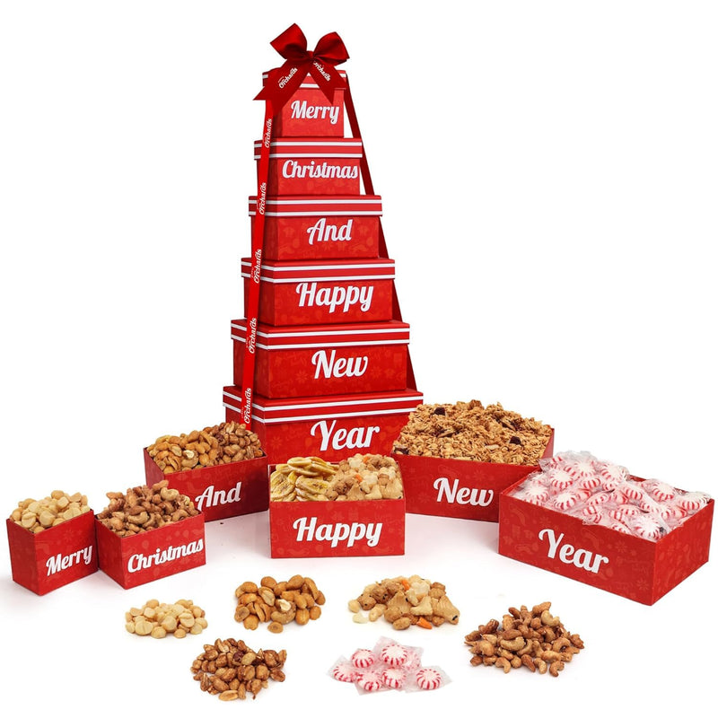 Gift Basket Tower with Fresh Nuts & Snacks, Gourmet Cravings Indulgence - 6 Tier Food Basket Gift Set, Great Gift Present for Men & Women.