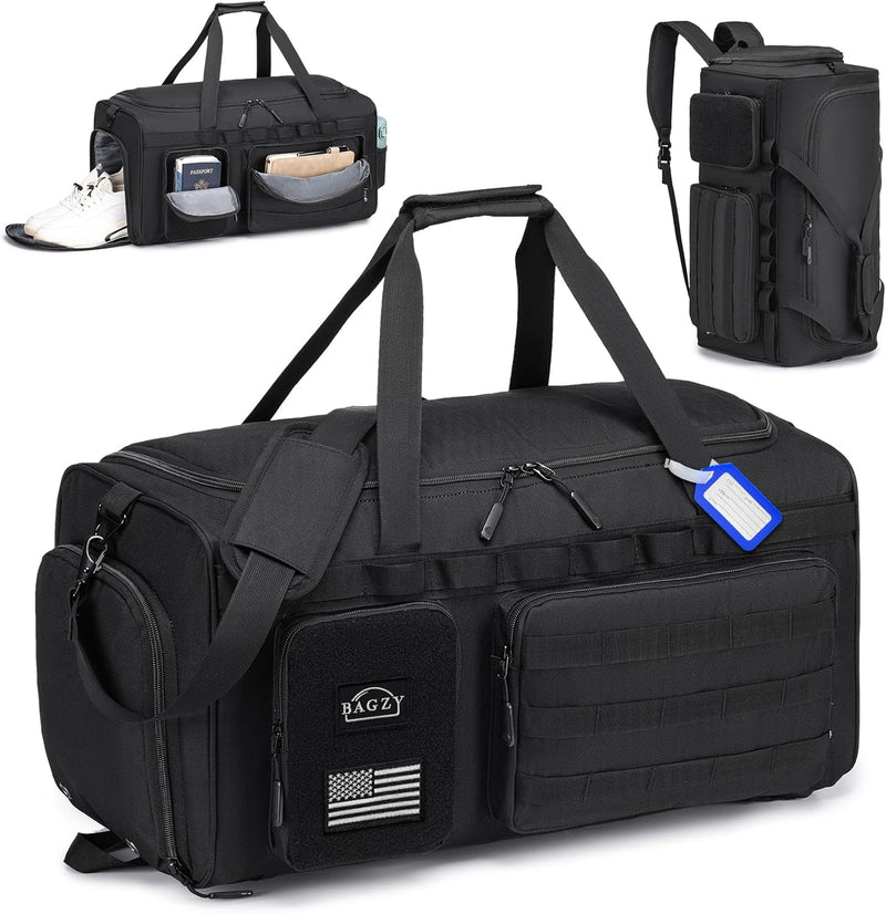 3 In 1 Tactical Military Travel Duffle Bag 40L with Shoe Compartment Gym Bag Backpack for Fitness Weekender Deployment Workout Black