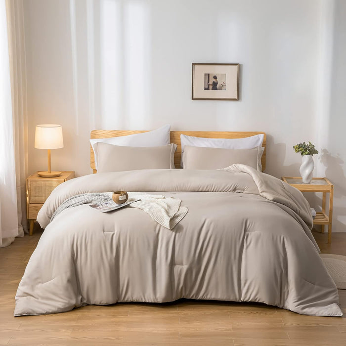 weigelia Queen Comforter Set 7 Pieces Oatmeal Comforters Queen Size Soft Fluffy Bedding Comforter Set with Fitted Sheets, Flat Sheets, Pillow Shams, and Pillowcases