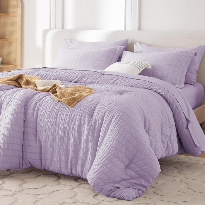 MUXHOMO 7 Pieces Queen Comforter Set, Seersucker Bed in a Bag Queen Size, All Season Luxury Bedding Set with Comforter, Flat Sheet, Fitted Sheet, Pillowcases & Shams, Pink