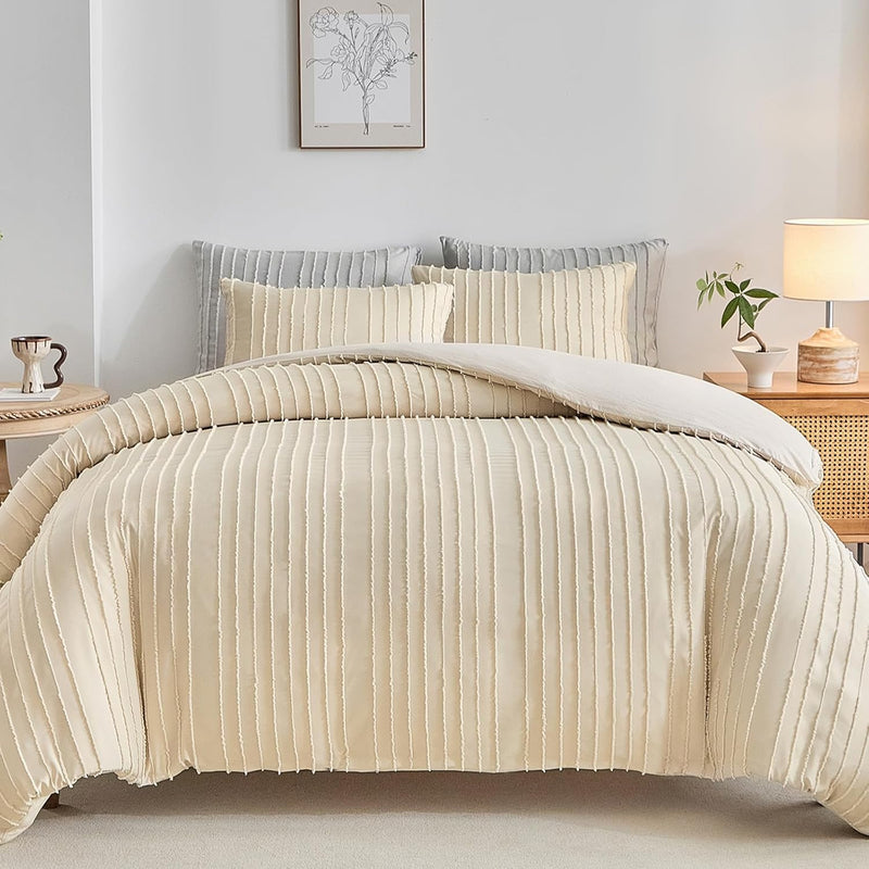 WARMDERN White Boho Duvet Cover Set Queen Size, Striped Textured Tufted Bedding Set, 3 Pcs Ultra Soft Washed Microfiber with Zipper Closure (Queen, White)