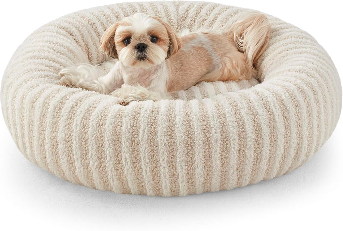 MIXJOY Dog Beds for Small Dogs, Washable Dog Bed with Removable Cover, Small Cat Bed for Indoor Cats, Calming Soft Dount Pet Beds with Anti Slip Bottom, Cute Puppy Beds, 23"x23"x8", Beige