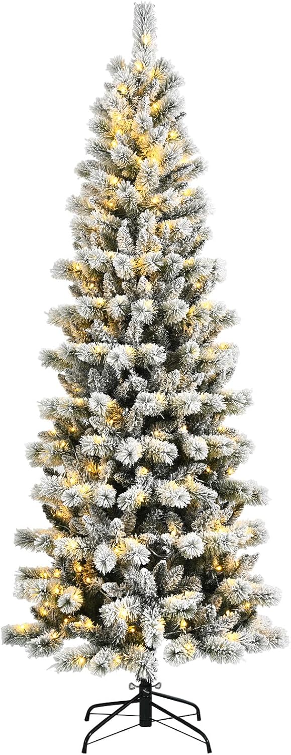 DORTALA Pre-lit Christmas Tree, 5FT Snow Flocked Pine Artificial Xmas Tree with Remote Control, 279 Branch Tips, 140 LED Lights, 9 Lighting Modes, Foldable Metal Stand, White