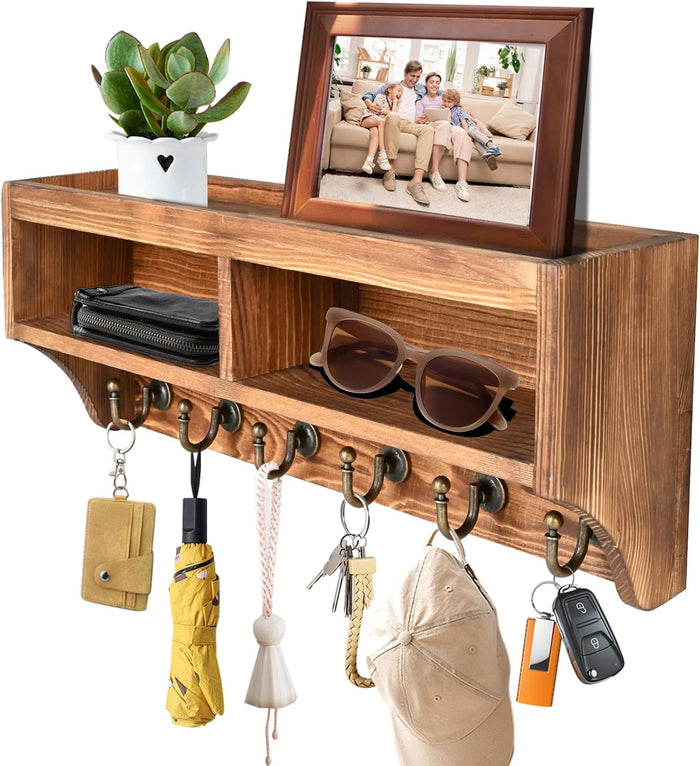 Key Holder Wall Mount - Mail Organizer Wall Mount with 6 Key Hooks and Storage Box for Sunglasses Storage and Dog Leash Holder Home Decor Rack Apartment Farmhouse Shelf Entryway Organizer (Black)