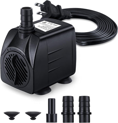 Fountain Pump, 160GPH(10W 600L/H) Submersible Water Pump, Durable Outdoor Fountain Water Pump with 7.2ft（2.2m）Power Cord, 3 Nozzles for Aquarium, Pond, Fish Tank, Water Fountain Pump