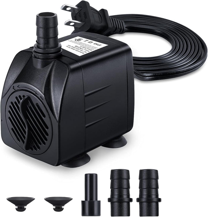 Fountain Pump, 160GPH(10W 600L/H) Submersible Water Pump, Durable Outdoor Fountain Water Pump with 7.2ft（2.2m）Power Cord, 3 Nozzles for Aquarium, Pond, Fish Tank, Water Fountain Pump