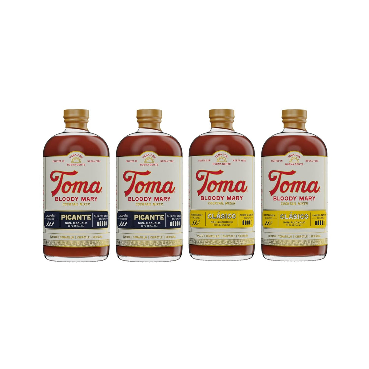 Toma Bloody Mary Mix, Premium Cocktail Mixers for Simple At-Home Hosting for Brunch and Events, All-Natural, Gluten Free, Vegan, No Added Preservatives, PICANTE/CLASICO 32oz (Spicy/Medium), Pack of 2