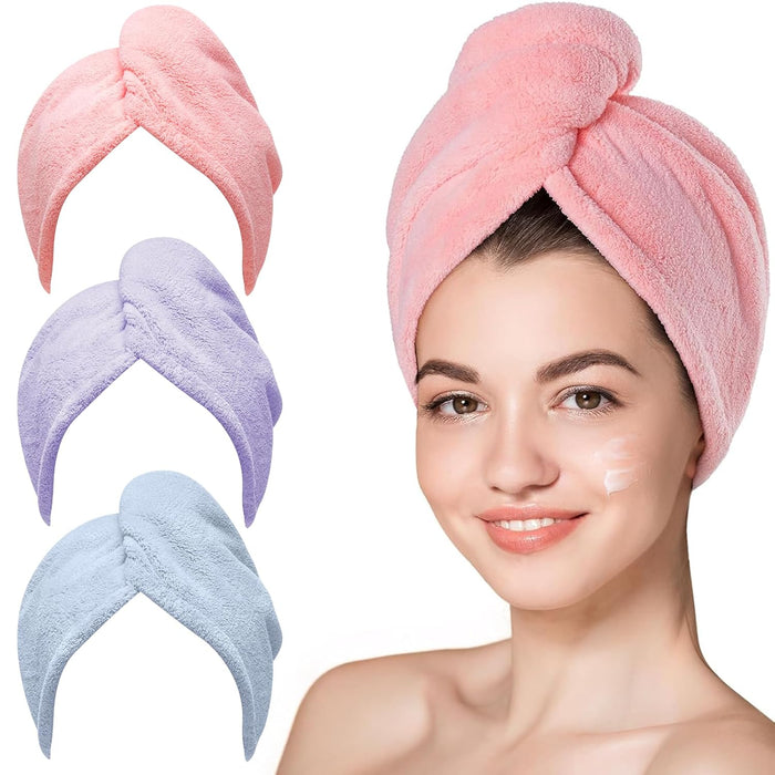 Hicober Microfiber Hair Towel Wrap, Fast Drying Hair Towels for Women, Soft Lightweight Quick Dry Turban for Curly & Long Hair–3 Pack(Blue/Grey/Pink)