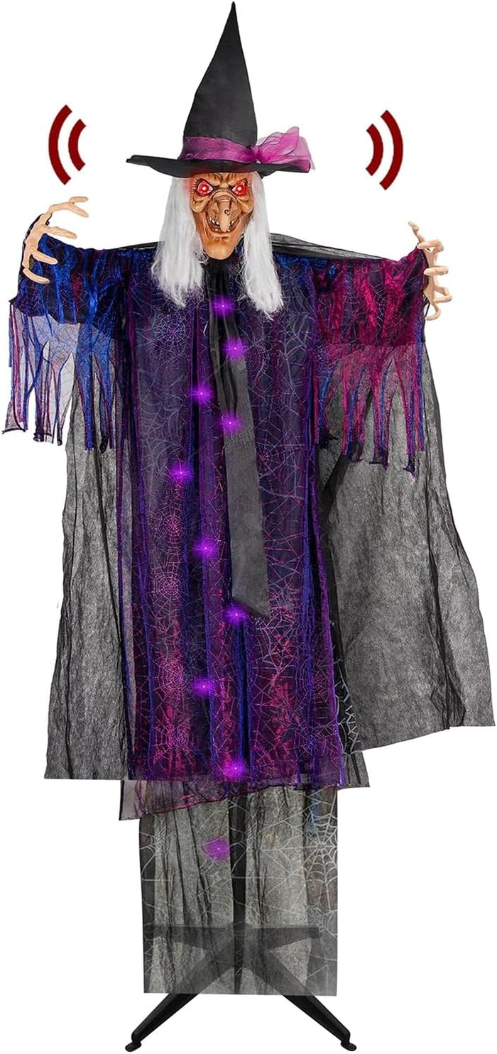 yosager 6FT Halloween Standing Witch with Scary Sound Effect & Red Eyes, Life Size Animated Scream Witch with Base, Halloween Haunted House Scary Props, Theme Park Horror Layout Party Decoration