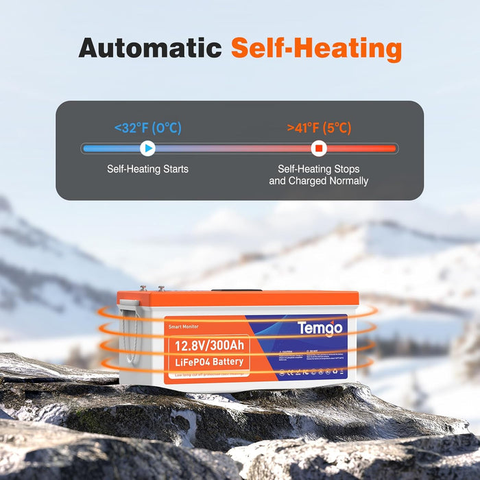 TEMGO 12V 300Ah Self-Heating LiFePO4 Lithium Battery with Smart Touch Screen & Bluetooth App, Built-in 200A BMS, 2560W Power, 5000+ Cycles, for RV, Camper, Solar, Off-Grid