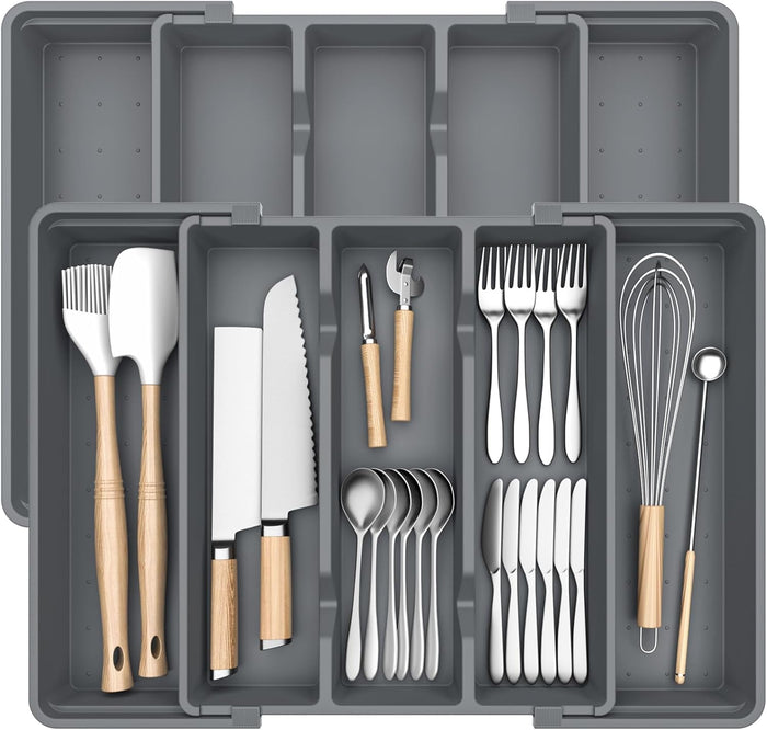 Large Silverware Organizer, Expandable Utensil Drawer Organizer for Kitchen Drawers, Kitchen Drawer Organizer for Spoons/Forks/Knives, Multipurpose & BPA Free Cutlery Tray, Black, 1 Pack
