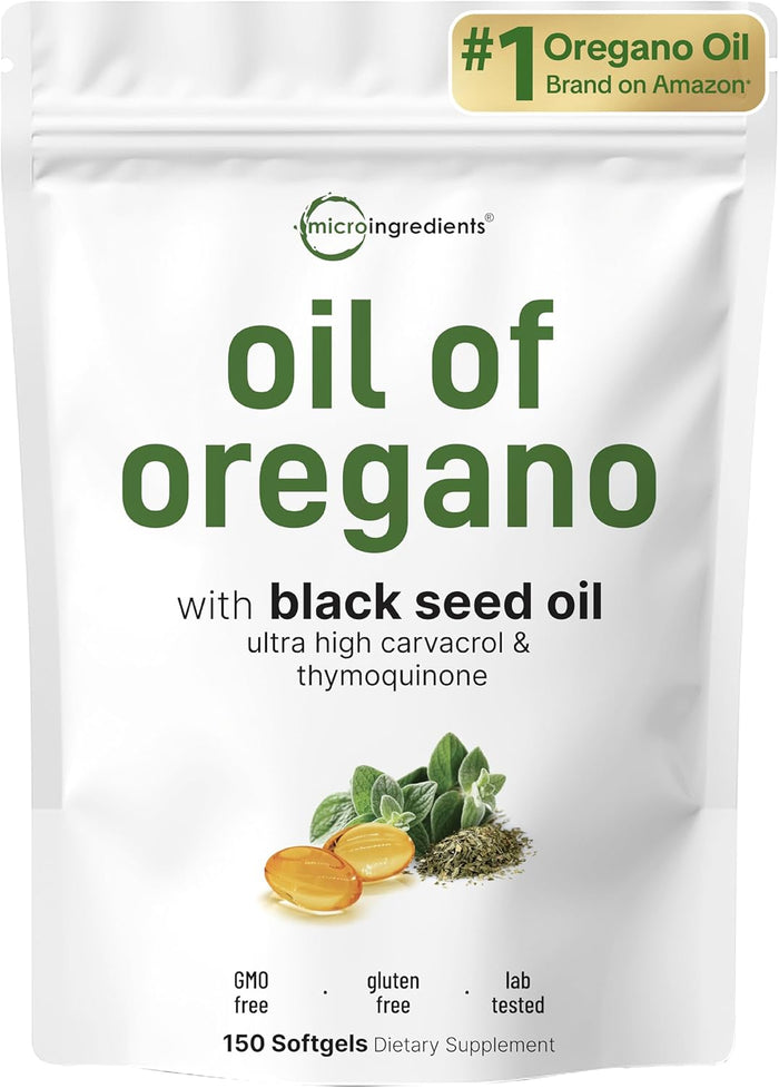 Micro Ingredients Oil of Oregano Softgels, 300 Count | 2 in 1 Formulated with Black Seed Oil, 4X Strength Carvacrol & Thymoquinone | Plant Based, Non-GMO, & Immune Support
