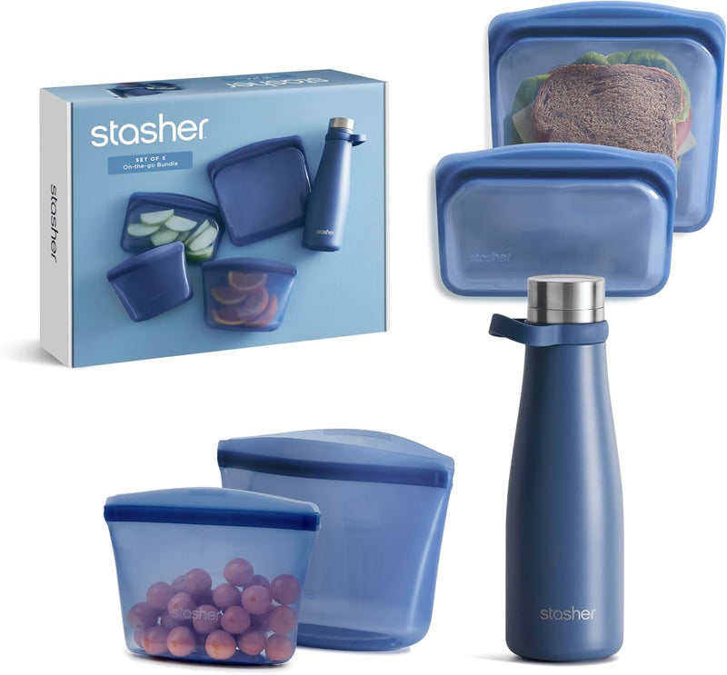 Stasher Premium Silicone Reusable Food Storage Bags and Stretch Lids 10-Pack, Clear, Airtight Seal, Food Containers & Covers, Boxed Starter Kit, BPA Free, Leak-free, Dishwasher Safe, Eco-Friendly