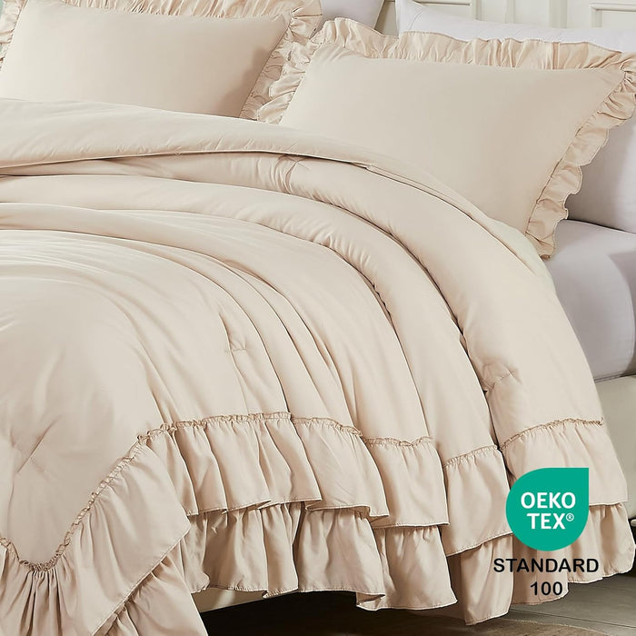 Cupocupa Beige Queen Comforter Set, 3Pcs Comforters Ruffle Farmhouse Bedding Sets Queen with Comforter, Lightweight Soft Shabby Chic Bedding Comforter Set Fluffy for All Season