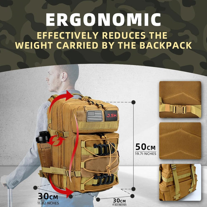 J.SH Military Tactical Backpack for Men 45L Large Capacity Backpack MOLLE 3 Days Assault Pack Bag Waterproof Durable Army Hiking - Khaki