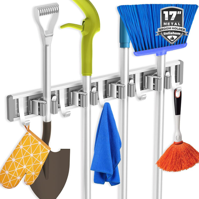 reliahom Broom Holder Wall Mount Mop and Broom Hanger Wall Mounted Garage Storage Rack Kitchen Garden Tool Organizer (4 Racks with 5 Hooks, Black)