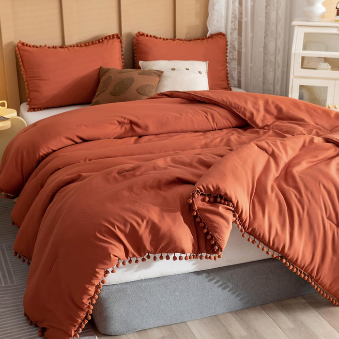 YIRDDEO Queen Comforter Set - Comforter Queen Size Sets with Ball Pom Fringe, Soft Bedding Set for All Seasons - 3 Pieces, 1 Comforter (90"x90") & 2 Pillow Shams (20"x26"), Blush