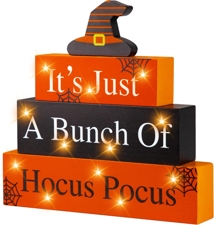 Halloween Wooden Block Sign with Led Lights- Halloween Indoor Decorations Witch Light up Wood Sign Decor for Table Mantle- Halloween Festive Haunted House Farmhouse Home Tabletop Tiered Tray Decor