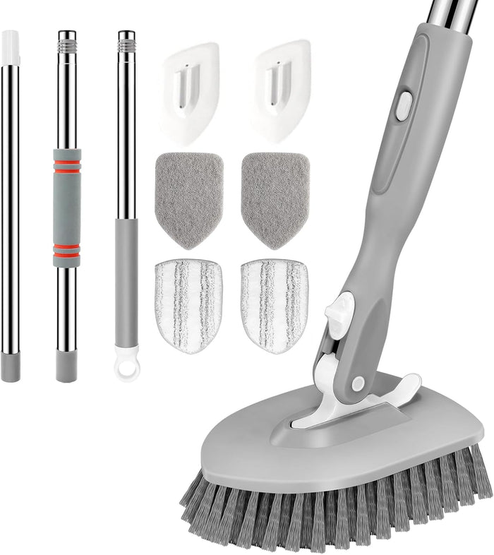 SetSail Floor Scrub Brush, 3-In-1 Tile Tub Floor Scrubber with 52-inch Adjustable Long Handle Shower Cleaner and 3 Detachable Replacement Brush Heads for Cleaning Bathroom Kitchen Walls Tub Tile