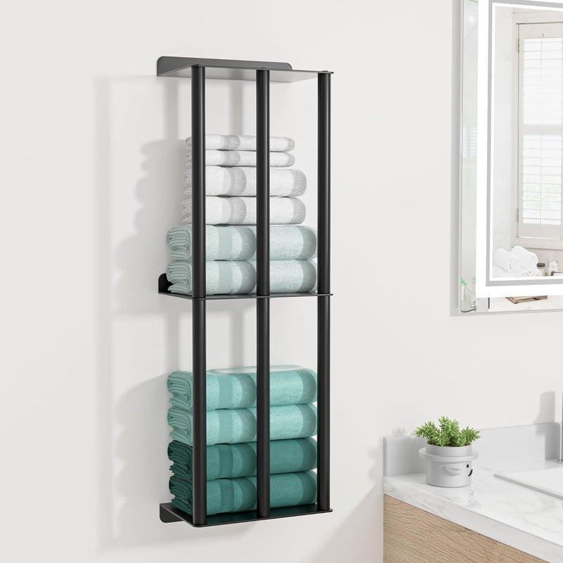 Towel Racks for Bathroom 31 Inch - Wall Mounted, Solid 2 Metal Shelves and 3 Vertical Bars, Can Holds 6 Large Rolled Bath Towels - for Modern Decor Bathroom Towel Storage (Matte Black)