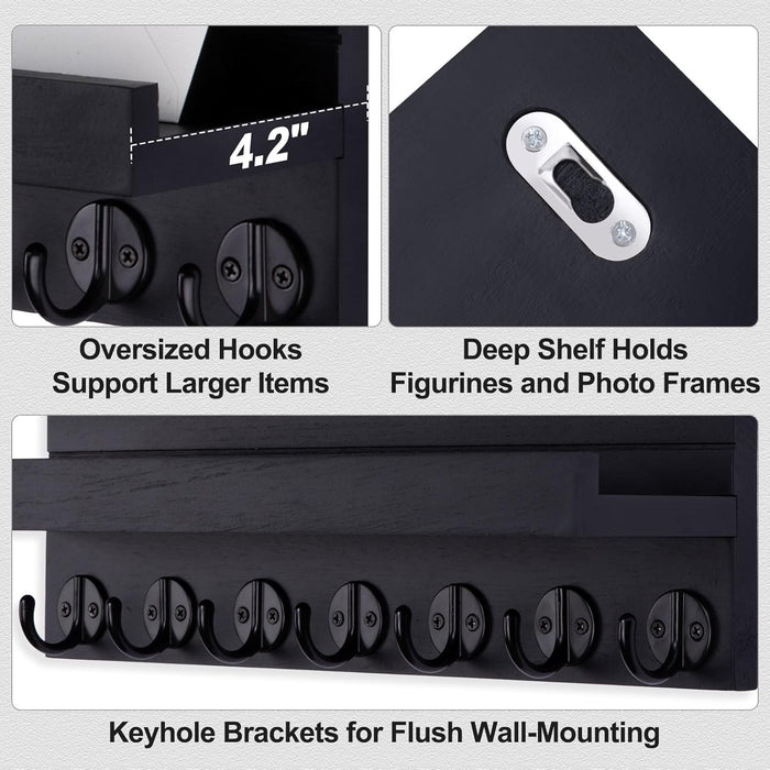Key Holder Wall Mount, Entryway Key and Mail Holder with 7 Sturdy Hooks for Sunglasses, Dog Leash, Decorative Wall Shelf with Mounting Hardware, 15”W x 6.7”H x 4.2”D