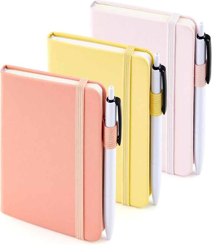 feela 3 Pack Pocket Small Notebook Journals, Mini Cute Hardcover College Ruled Notepad Women Office Supplies, with 3 Black Pens, 3.5”x 5.5”, A6, Pastel Colors, Light Blue, Light Purple, Light Green