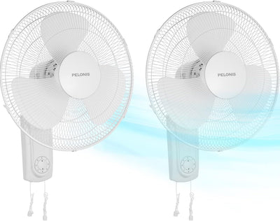 PELONIS 16’’ Wall Mount Fan with 3 Speed Settings Oscillating Household Wall Mounted Fan with Adjustable Tilt High Velocity for Garage Patios Bedroom, 2 Packs White