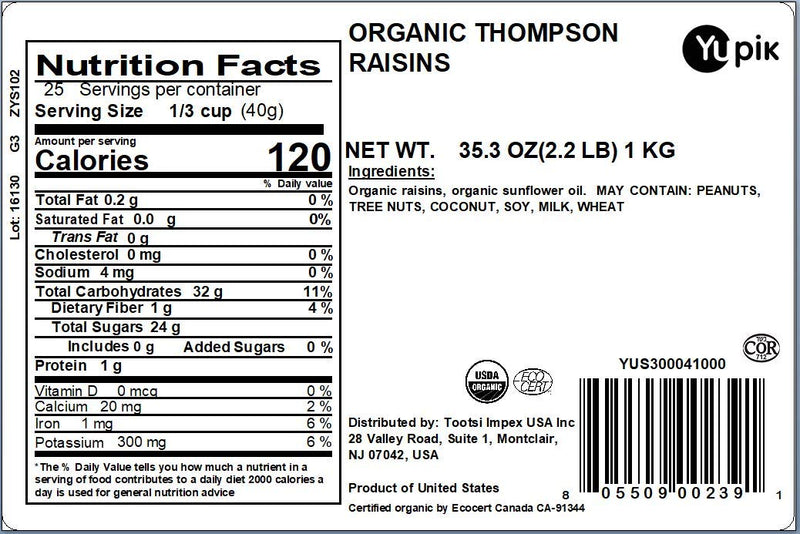 Yupik Organic Thompson Raisins, 2.2 lb, Gluten-Free, Kosher, Non-GMO, Vegan, Dried Fruits, Naturally Sweet, No Added Sugar, Seedless, Healthy Snacks, Fruity Topping & Inclusion, Ideal for Baking