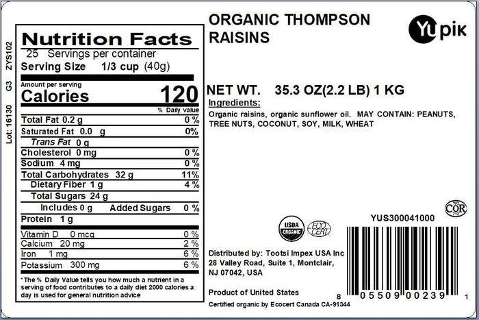 Yupik Organic Thompson Raisins, 2.2 lb, Gluten-Free, Kosher, Non-GMO, Vegan, Dried Fruits, Naturally Sweet, No Added Sugar, Seedless, Healthy Snacks, Fruity Topping & Inclusion, Ideal for Baking