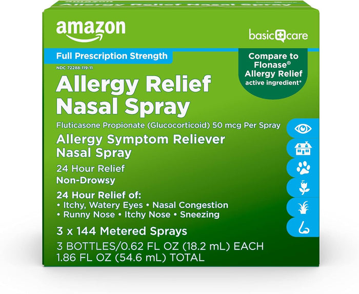 Amazon Basic Care 24-Hour Allergy Relief Nasal Spray, Fluticasone Propionate (Glucocorticoid), 50 mcg, Full Prescription Strength, Non-Drowsy, 0.62 fl oz (Pack of 1)