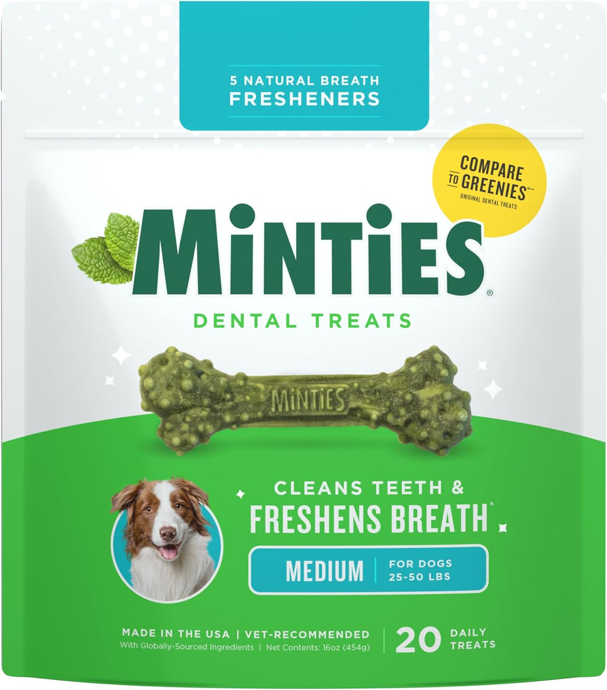 Minties Dental Chews for Dogs, 40 Count, Vet-Recommended Mint-Flavored Treats for Tiny/Small Dogs 5-24 lbs, Dental Bones Clean Teeth, Fight Bad Breath, and Removes Plaque and Tartar