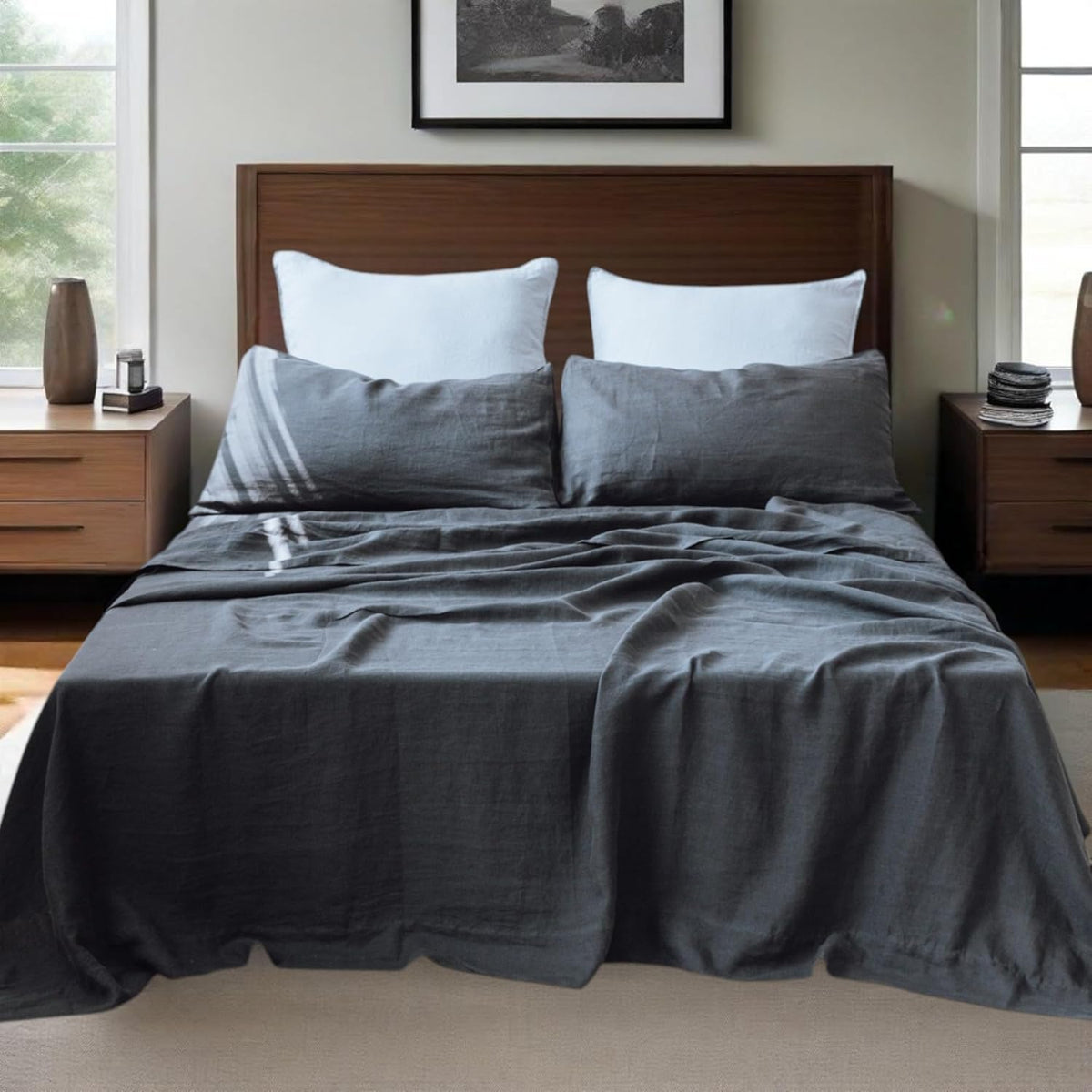 100% Natural Linen Sheets Set 4 Piece - Washed Linen Bedding Set with 16" Deep Pocket Fitted Sheet, Flat Sheet & 2 Pillowcases, Breathable Durable for All Seasons (White, Queen)