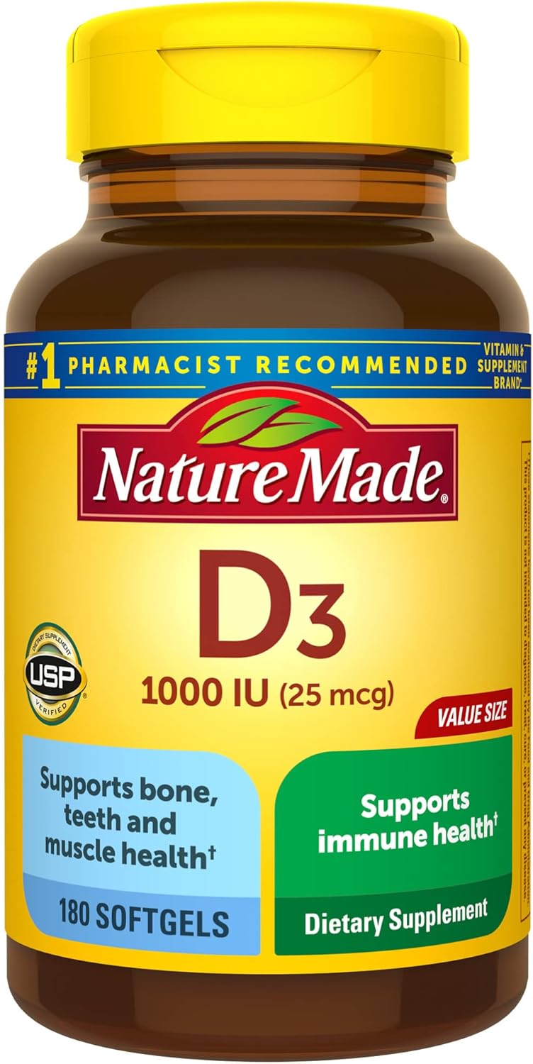 Nature Made Vitamin D3 1000 IU (25 mcg), Vitamin D Supplement for Bone, Teeth, Muscle and Immune Health Support, 300 Softgels, 300 Day Supply