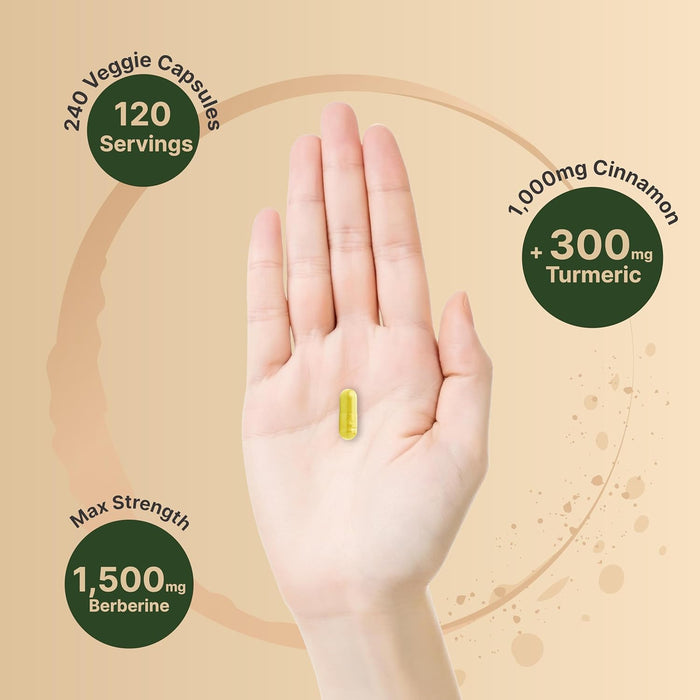 Berberine Supplement 1500mg with 1000mg Ceylon Cinnamon & 300mg Turmeric, 240 Veggie Capsules | 97% Pure Berberine HCL | Supports Balanced Sugar Levels & Heart Health | Vegan, Non-GMO