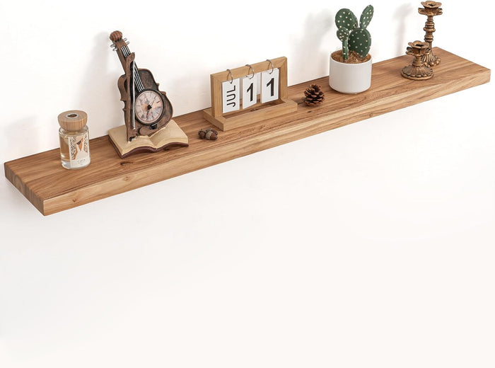 Floating Shelves for Wall Decor, Rustic Solid Elm Wood Live Edge Floating Shelves Wall Mounted, Wall Shelves with Invisible Bracket for Living Room Bathroom Bedroom Kitchen, 48 Inch, Walnut