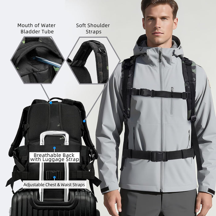 Tactical Backpack for Men, Military Army Rucksack 40L Large Molle Army Assault Pack with Bottle Holder, Day Pack Bug out Bag Survival Backpack for Hiking, Hunting, Travel, Camping, Black Camo