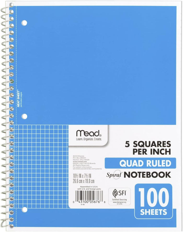 Mead Spiral Notebook, 1 Subject, Graph Ruled Paper, 7-1/2" x 10-1/2", 100 Sheets, Green (05676AC5)