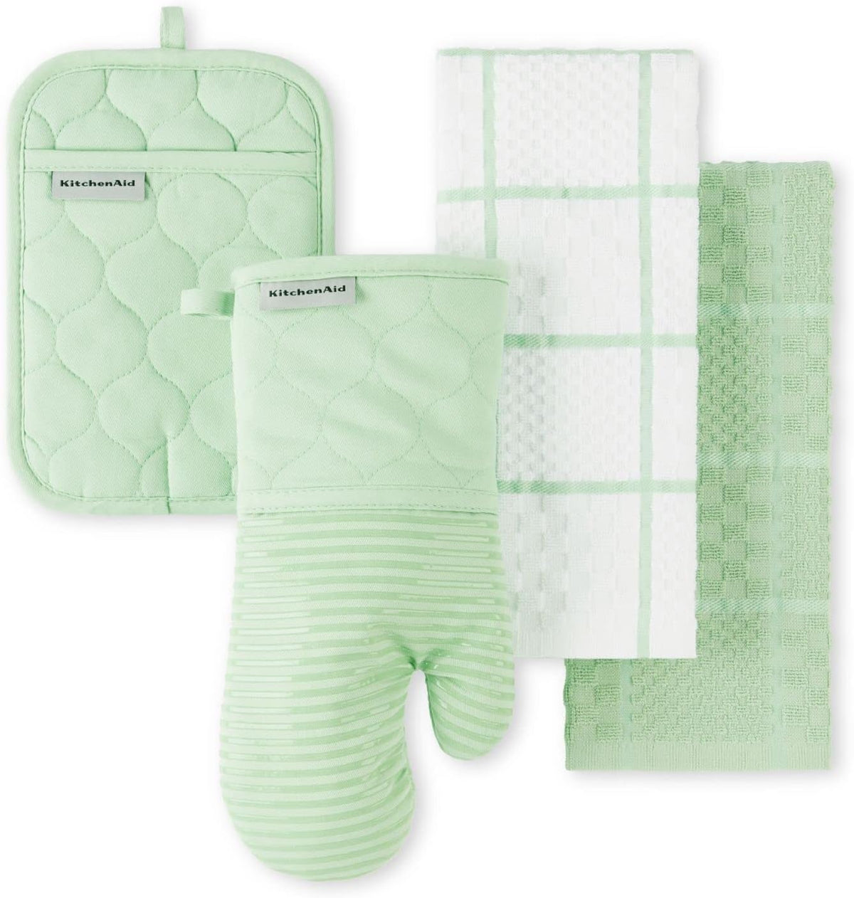 KitchenAid Quilted Cotton Terry Cloth Oven Mitt, Pot Holder, Kitchen Towel 4-Pack Set, Heat Resistant, Silicone Grip, Gift Set, Matte Black, 16"x26", 7"x13" & 7"x10"